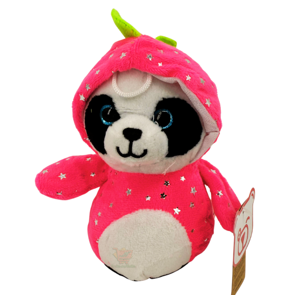 Kleines Panda-Plüschtier ca. 17 cm im pinken Drachenkostüm mit abnehmbarer Kapuze und heller Bauchfläche.